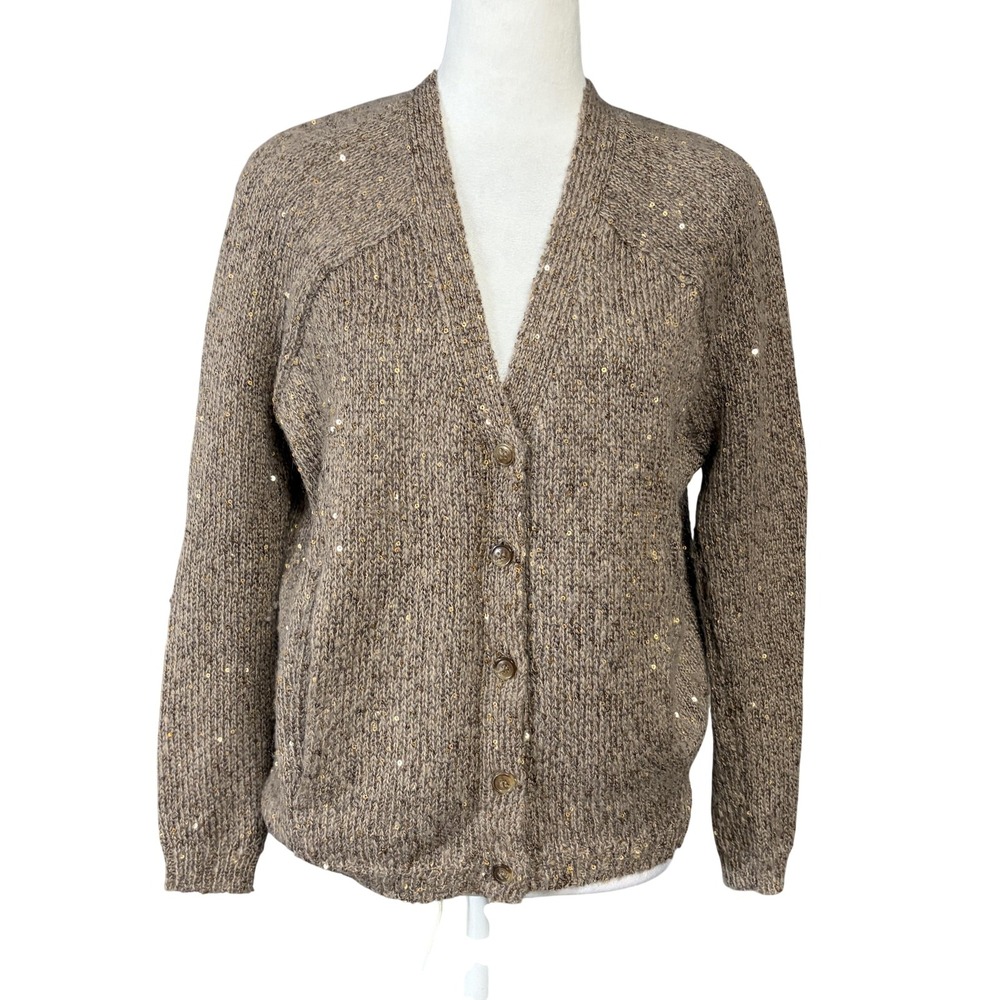 Daniel Buchler Cardigan Sweater Womens S Brown Mohair Sequin V Neck Pockets Knit